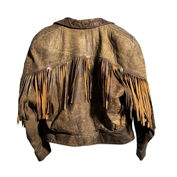 VTG Brown Leather Fringe Jacket Moto Crop Boho Western Rodeo Sz M Distressed SEE - Picture 2 of 9